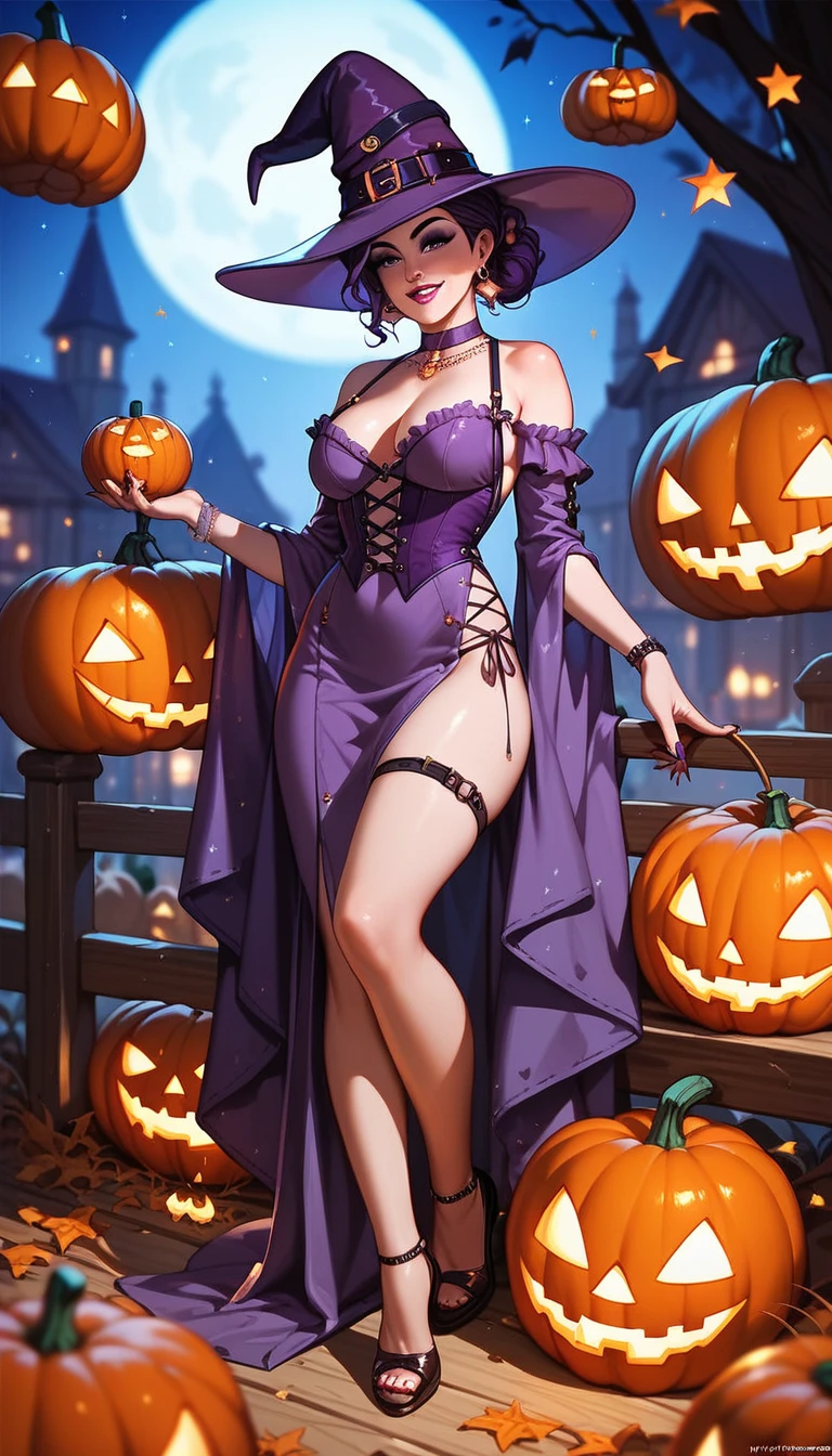 a beautiful little witch, waxed by talking pumpkins ,  wearing purple clothes and hat, sexy and attractive, Full-body