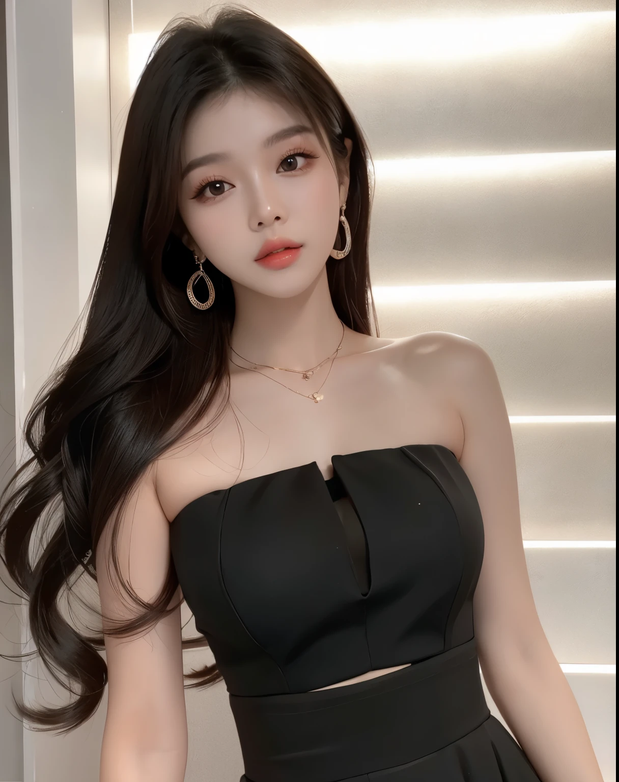 araffed woman in a black dress posing for a photo, linda mulher Korean jovem, Mulher sul-Korean bonita, mulher Korean jovem bonita,  Korean, tube-top dress, Gongbi, Mulher Korean, Heonhwa Choe, Beautiful Asian girl, 2 Female model of s, female with long black hair, wenfeiye, a young asian woman