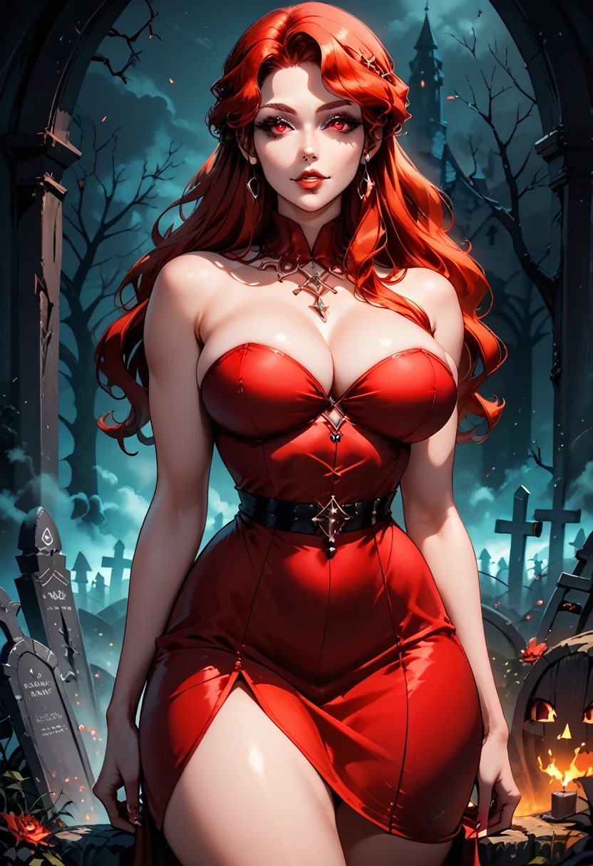 Image of Lenore   (castelovania),   wearing a short red dress ,  thick thighs  , big breast ,   red hair, Bright red eyes ,pose sexy,   high resolution   ,  cartoon style ,   vibrant colors  , perfect anatomy, Bottom: cemetery,Fog