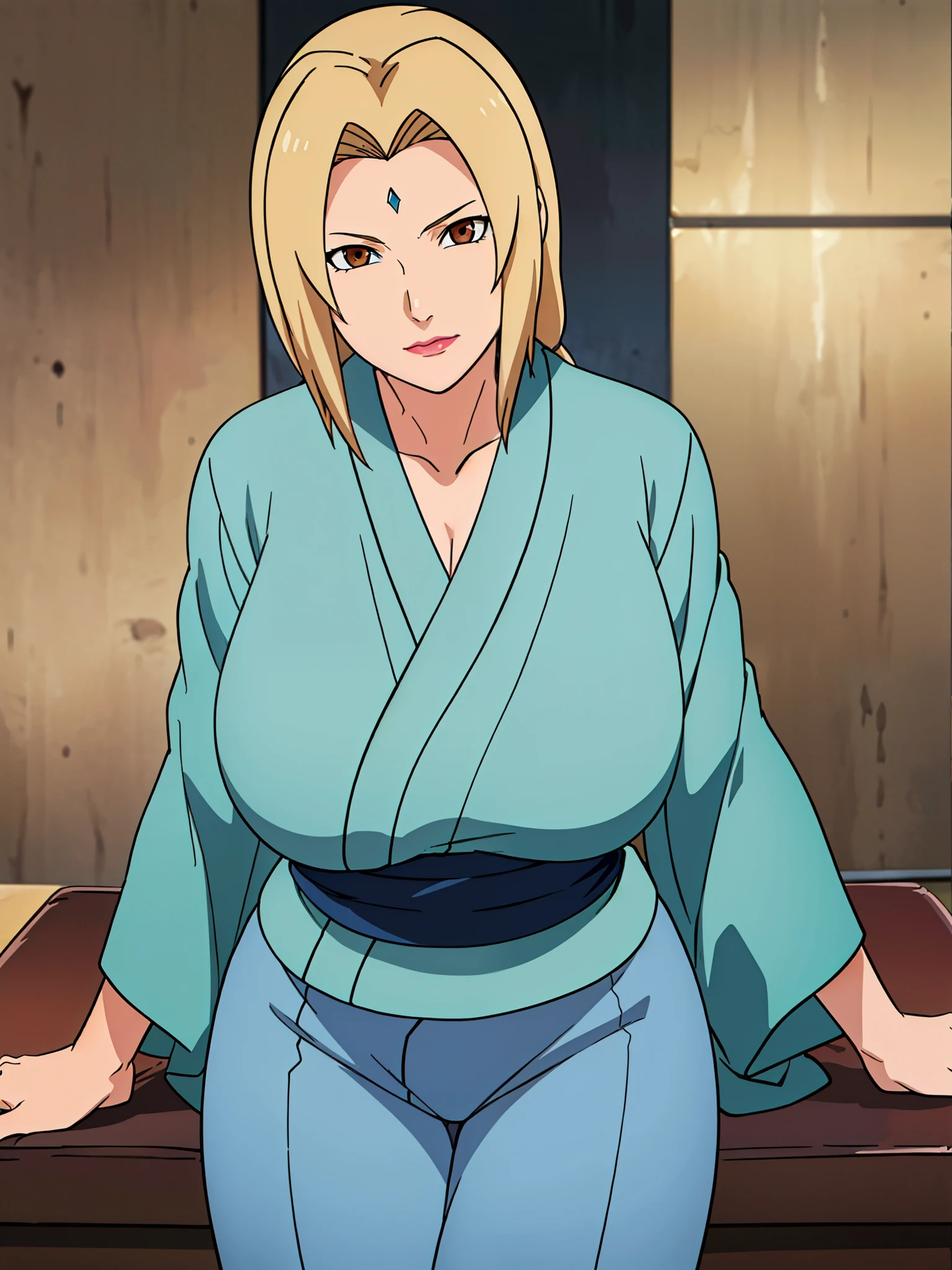 masterpiece, best quality, smiling, Tsunade, blonde hair, large breasts, mature female, ,beautiful brown eyes, big breasts, pussy, no pants