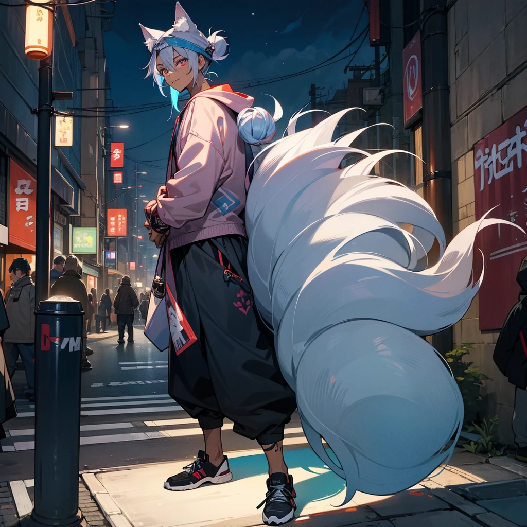 1male, young adult, dark skin, finely detailed plum eyes, messy top bun, wild long hair, grey hair color with blue highlights, designer hoodie, baggy pants, standing on street, night time, tokyo streets, excited expression, muscular, tattoos, holding soda In hand, wolf ears, wolf tail, backwards baseball cap