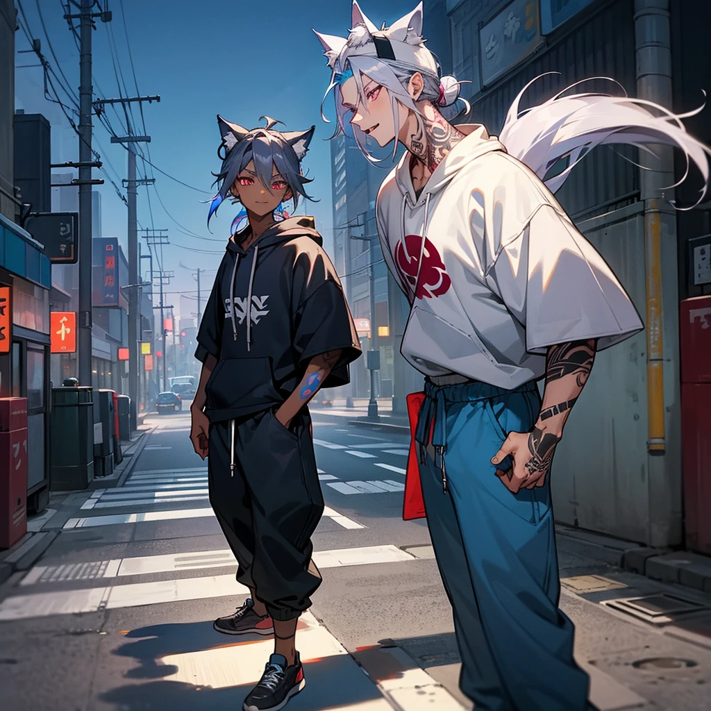 1male, young adult, dark skin, finely detailed plum eyes, messy top bun, wild long hair, grey hair color with blue highlights, designer hoodie, baggy pants, standing on street, night time, tokyo streets, excited expression, muscular, tattoos, holding soda In hand, wolf ears, wolf tail, baseball cap