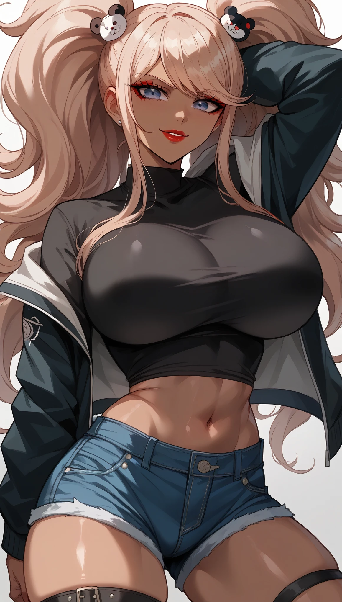  perfect eyes、 perfectly sexy face、Ultra Detailed、Junko Enoshima、Danganronpa、shiny hair、( Big breasts ), black shirt、black jacket、Tight Waist、thin waist、 dark blue denim shorts、 Thigh straps 、shiny skin、 tanned skin 、Beleza、erotic、Red Eyeliner、 red lips、wicked smile、 looking at the spectator、