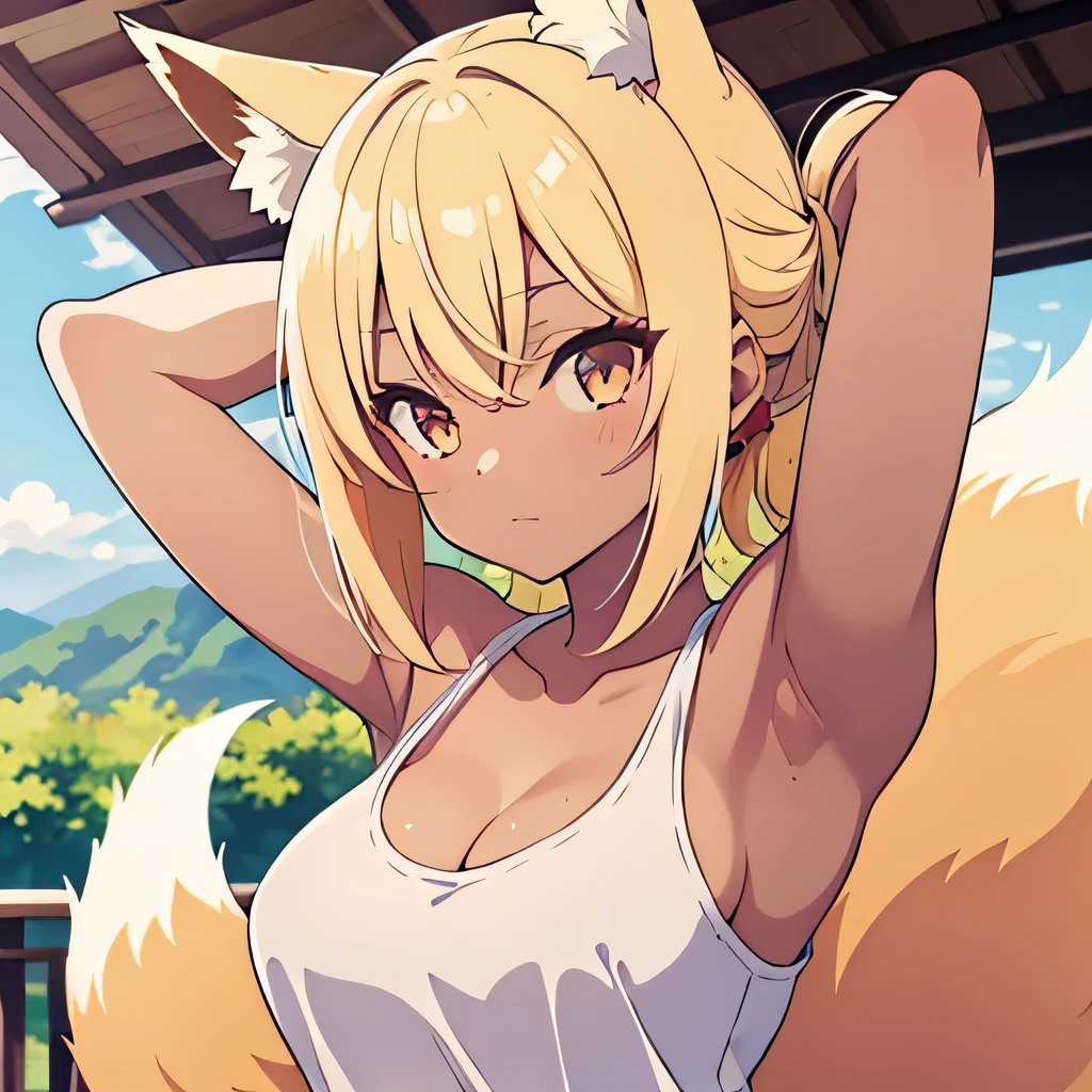 (masterpiece, best quality:1), 1girl, fox girl, fox ears, fox tails, blonde hair, golden eyes, {dark skin, shiny skin, tan, },  medium breasts, deep cleavage, upper body, loli face, short stature, hands behind head, tank top, short shorts, band-aid on the cheek, tomboy, summer scenery in the Japanese countryside, 