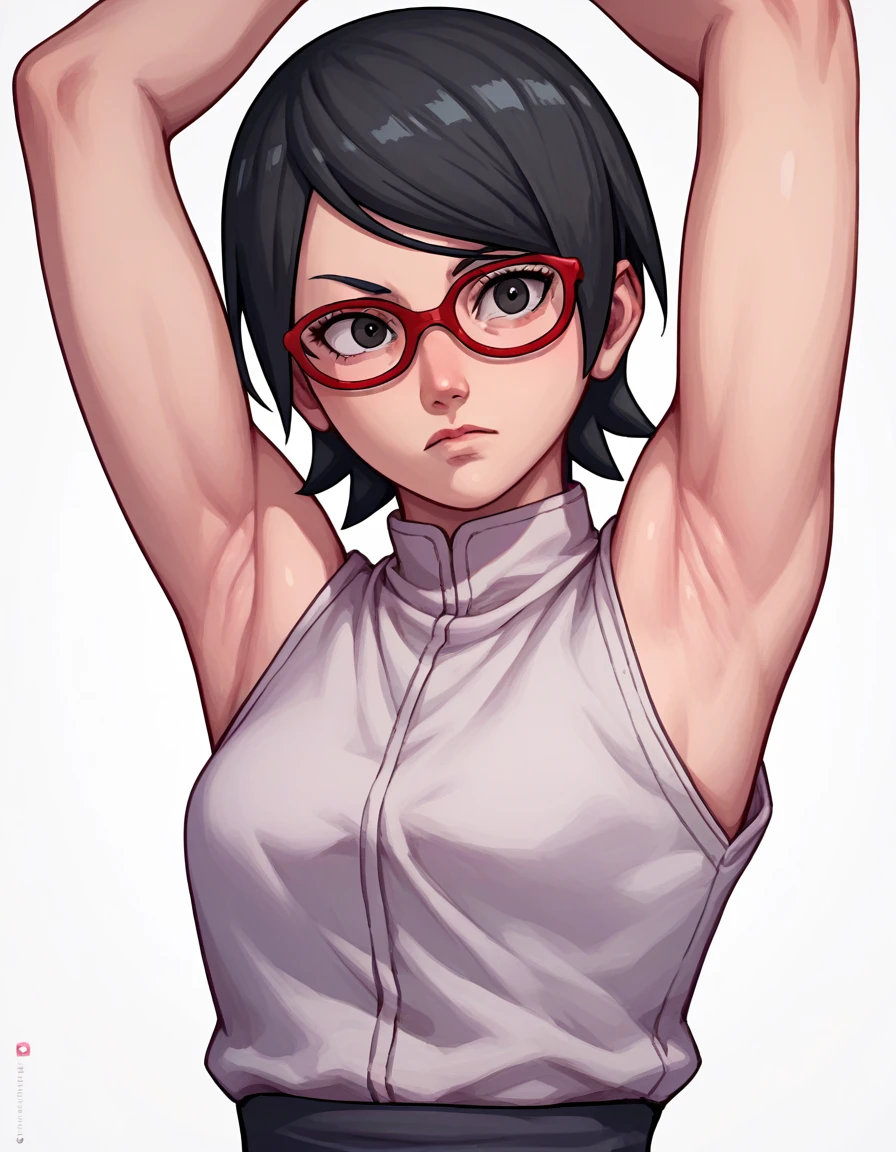 (anime art style:1.1):sarada uchiha, short hair, black hair, black eyes, red-framed eyewear, glasses, swept bangs,,(Armpit:1.3)，(スチーム，スチームimg:1.1)， 赤いドレス,