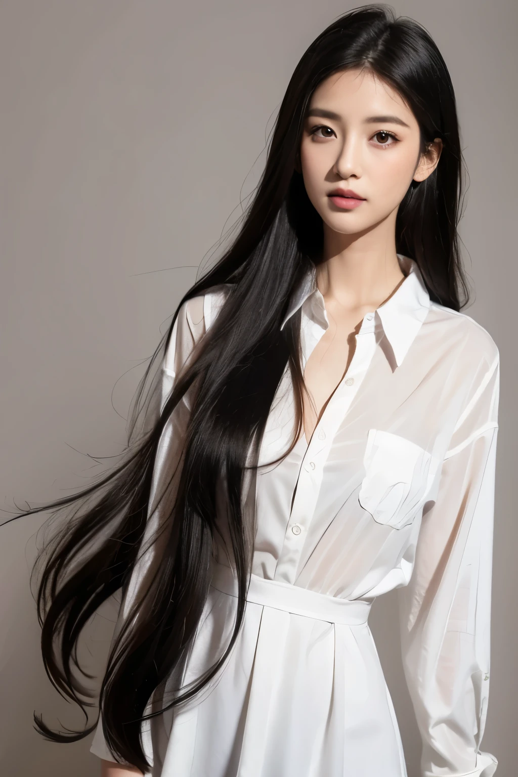 1girl, solo, long_hair, looking_at_viewer, shirt, black_hair, brown_eyes, closed_mouth, white_shirt, upper_body, parted_lips, collared_shirt, artist_name, grey_background, blurry, black_eyes, lips, dress_shirt, blurry_background, watermark, web_address, realistic, nose