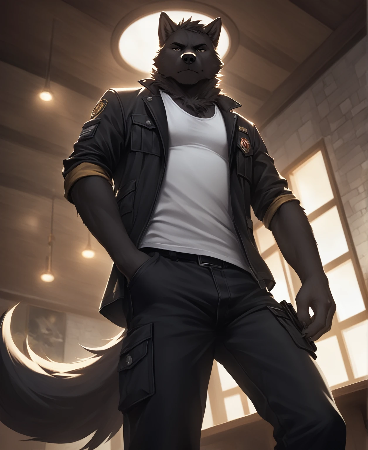 solo,furry,furry male,wolf,adult,black_skin,black fur,wolf ears,wolf tail,muscular,tall,white tank_top,black cropped_jacket,black cargo_pants,contempt,shaded_face,standing,hand_in_pocket,from_below,looking_down,looking_at_viewer,bar \(place\), Golden patterns on the skin,(masterpiece:1.3),(best quality:1.2),(ultra-detailed:1.2),(8k resolution:1.2),highres,original,extremely detailed wallpaper,perfect lighting,(extremely detailed CG:1.2),dynamic composition,realistic rendering,depth of field,digital painting,concept art；