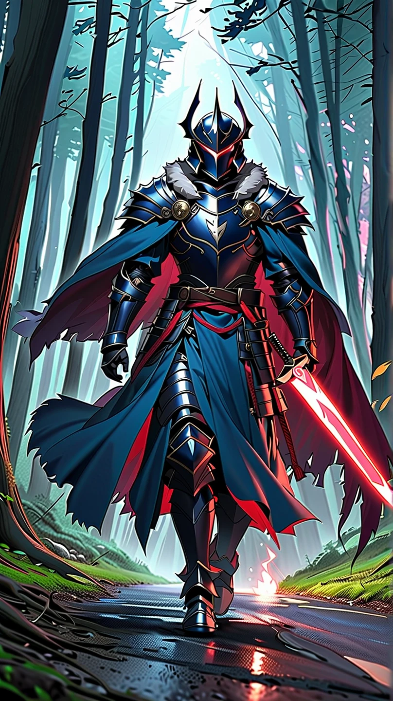 man,  Fairy Slayer , Holy Knight,Wears heavy armor(blue red),helmet,karate,,Fur collar ,Light in the forest on a black fur cape background,On the road,Strong wind, Full Body View , man,  Very detailed,  high detail