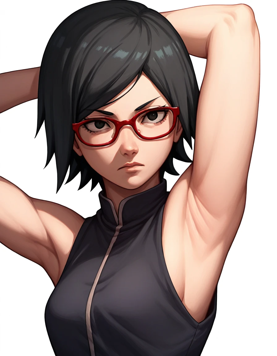 (anime art style:1.1):sarada uchiha, short hair, black hair, black eyes, red-framed eyewear, glasses, swept bangs,,(Armpit:1.3)，(スチーム，スチームimg:1.1)， 赤いドレス,