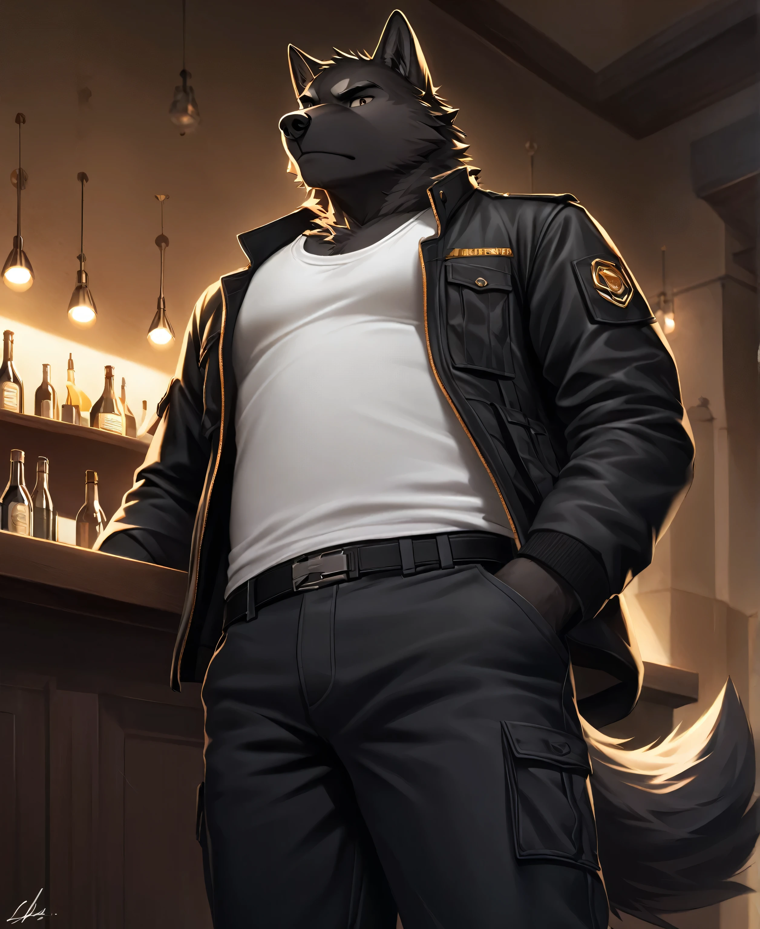 solo,furry,furry male,wolf,adult,black_skin,black fur,wolf ears,wolf tail,muscular,tall,white tank_top,black cropped_jacket,black cargo_pants,contempt,shaded_face,standing,hand_in_pocket,from_below,looking_down,looking_at_viewer,bar \(place\), Golden patterns on the skin,(masterpiece:1.3),(best quality:1.2),(ultra-detailed:1.2),(8k resolution:1.2),highres,original,extremely detailed wallpaper,perfect lighting,(extremely detailed CG:1.2),dynamic composition,realistic rendering,depth of field,digital painting,concept art；