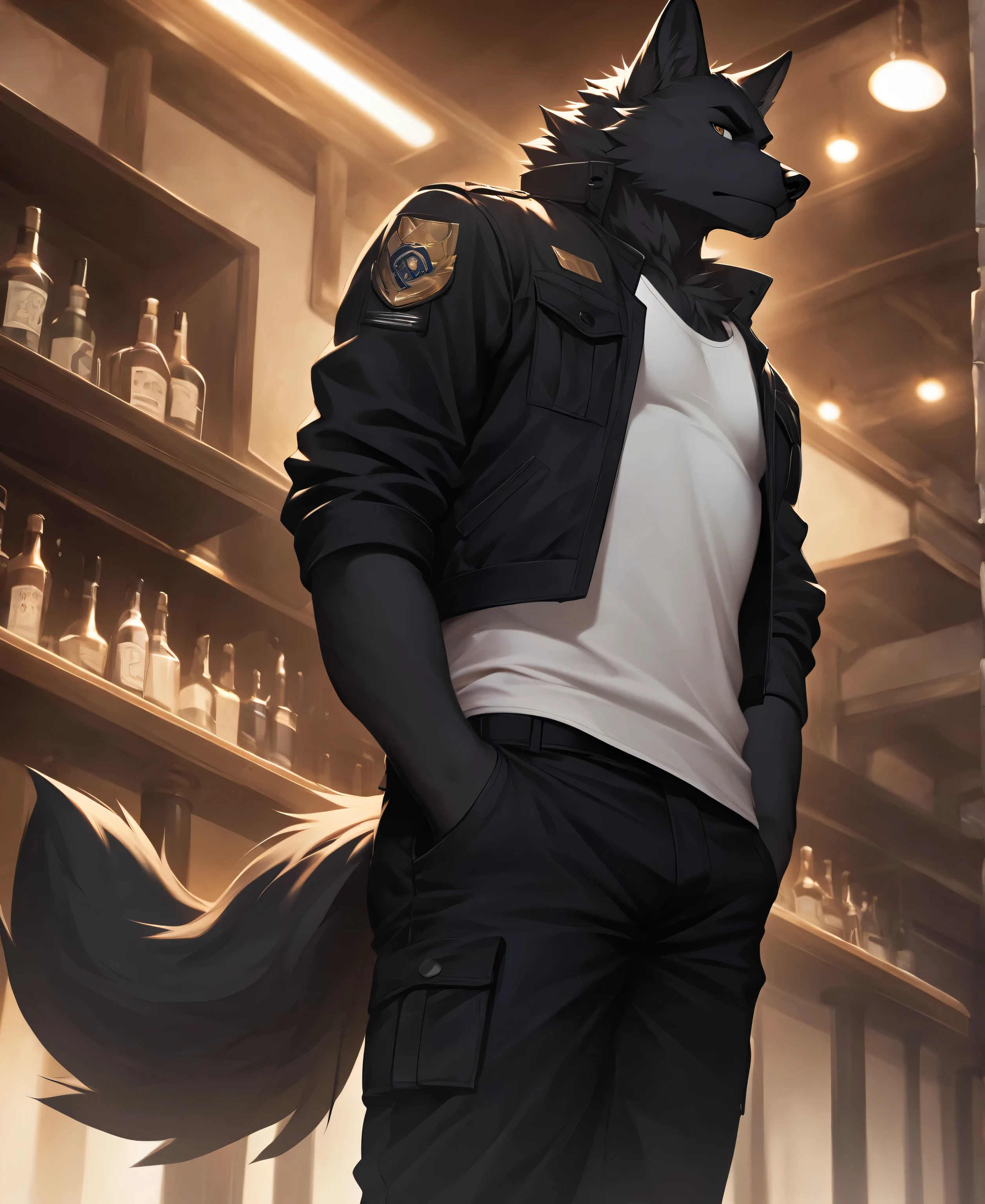 solo,furry,furry male,wolf,adult,black_skin,black fur,wolf ears,wolf tail,muscular,tall,white tank_top,black cropped_jacket,black cargo_pants,contempt,shaded_face,standing,hand_in_pocket,from_below,looking_down,looking_at_viewer,bar \(place\), Golden patterns on the skin,(masterpiece:1.3),(best quality:1.2),(ultra-detailed:1.2),(8k resolution:1.2),highres,original,extremely detailed wallpaper,perfect lighting,(extremely detailed CG:1.2),dynamic composition,realistic rendering,depth of field,digital painting,concept art；