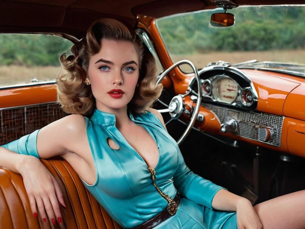 Generate an image of a glamorous young woman sitting inside a vintage car with a retro-futuristic dashboard, filled with dials, knobs, and an old-fashioned radio. The woman has soft, wavy hair styled with a slight 1950s flair, and she is wearing a glossy, fitted orange blouse with a plunging boobs, major cleavage barley holding her boobs in neckline that accentuates her figure. Her expression is confident and alluring, with piercing blue eyes looking directly at the viewer. She sits casually with one arm resting on the back of the seat, surrounded by the warm, luxurious leather upholstery of the car. The lighting is natural and softly highlights her face and outfit, creating a vintage, cinematic mood. The setting has a nostalgic, sci-fi aesthetic with a touch of retro glamour."