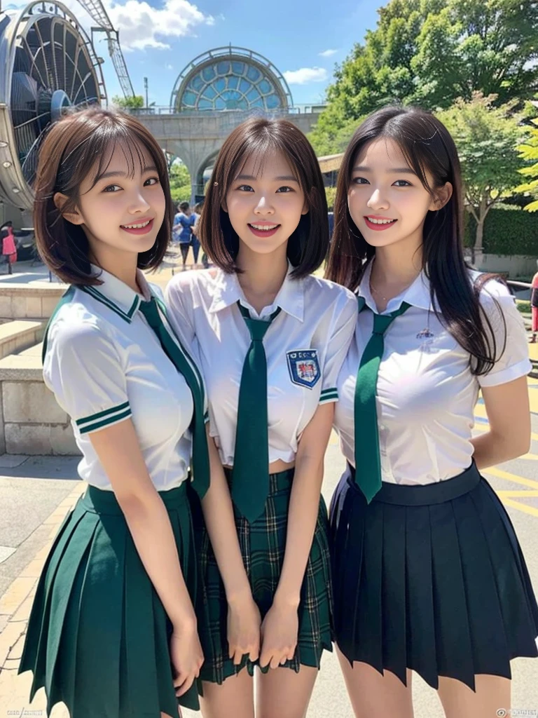 ( super cute Korean schoolgirl getting along well with her 2 beautiful best friends commemorative photo :1.2)( is laughing:1.2)(Beautiful Sweat:1.1)(16k,  RAW Photos, Best Quality, masterpiece: 1.2),( cute, glossy and beautiful dark brown bob cut blows in the wind and sways softly:1.1) Super detailed,  super resolution, (Genuine, Genuine photos: 1.37), Portraiture,  High Resolution RAW Color Photo ,  professional photos ,  Very Detailed, 8k wallpaper,  Very Detailed CG Unity 8k wallpaper,  Very Detailed beautiful girls,  Very Detailed faces, ((whole body)), beautiful woman,  huge breasts,(huge boobs:1.1) ( big boobs:1.1), Beautiful schoolgirl (Cute summer school uniform , school-designated summer short sleeve green tie and shirt uniform ),high school girl,  Korean Girl ,(K-POP Female Idols), (Idol-level beauty)(Beautiful high school girl:1.1)(In front of the triple waterwheel at an amusement park on a sunny day)(()(Date:1.2)(Group photo:1.2)