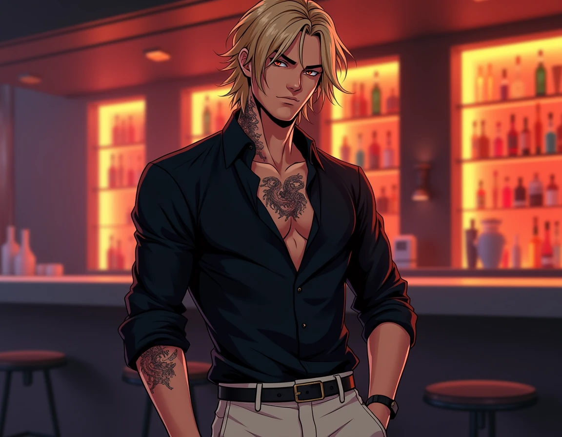 blond man, cowlick, greeneyes, pants, open jacket with no shirt underneath, in a bar, style cartoon
