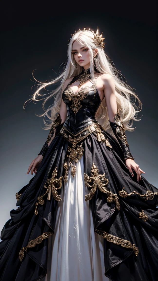 (Intricate Details), 22 years old, Incredible Beauty,Perfect Face, Makeup:1.5, Bright on Face, Facial Detail, Long Hair,Platinum Blonde Hair,Straight Hair,Steampunk,Princess Dress,um Home Deteive, Conceptual Art, Realism, Godley, Film Lighting, Multiview, Canon, High Detail, High Quality, HD, 16k,Full Body Shot,Full Body