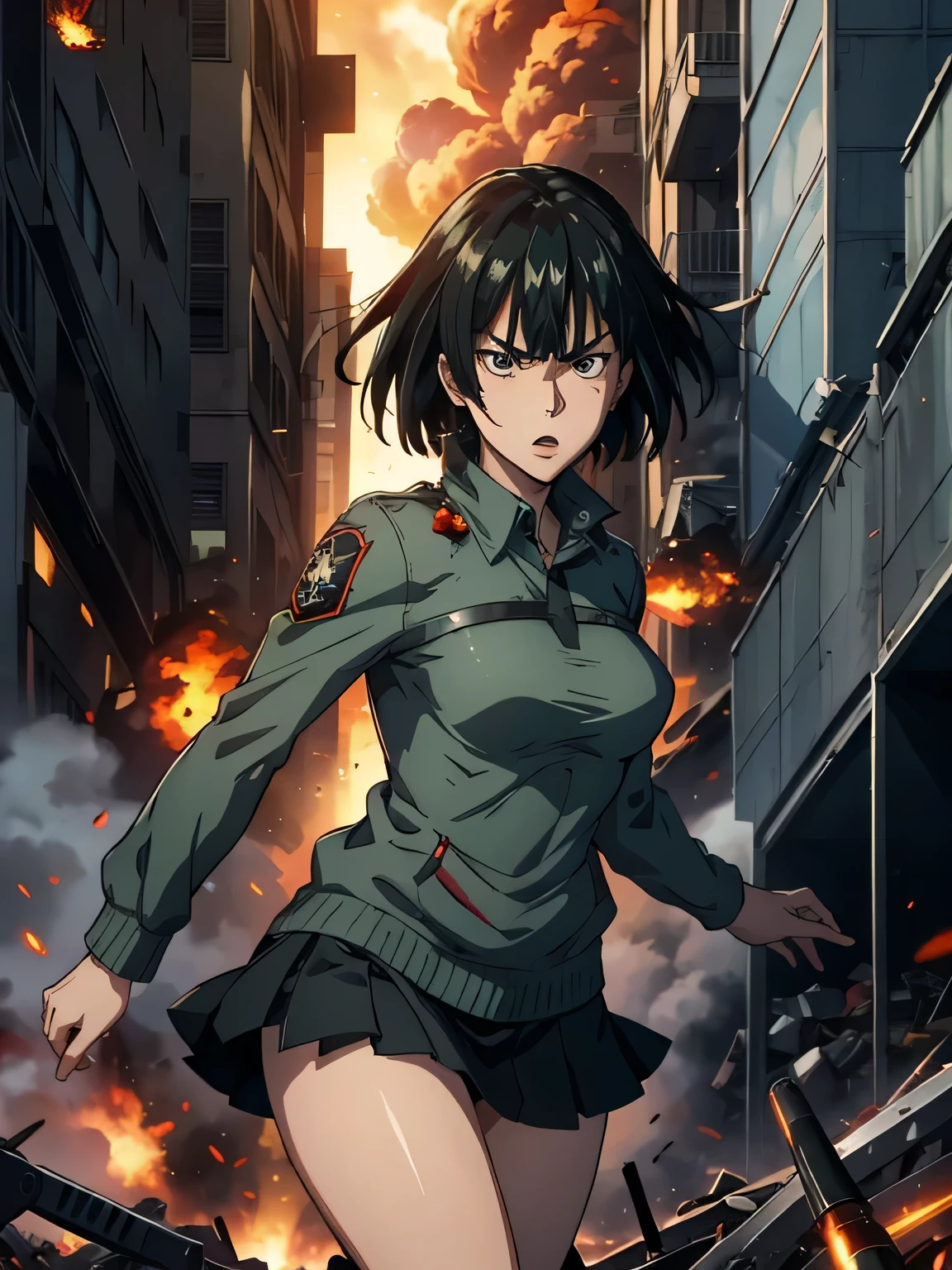 anime、High image quality、 high resolution on down、 one woman、 Miniskirt、 angry expression、（Fill the screen with people）、earth defense force、 city under attack、 tense scene for you 、Explosive Flame、blast、((( throwing grenades )))、Buildings are collapsing 、