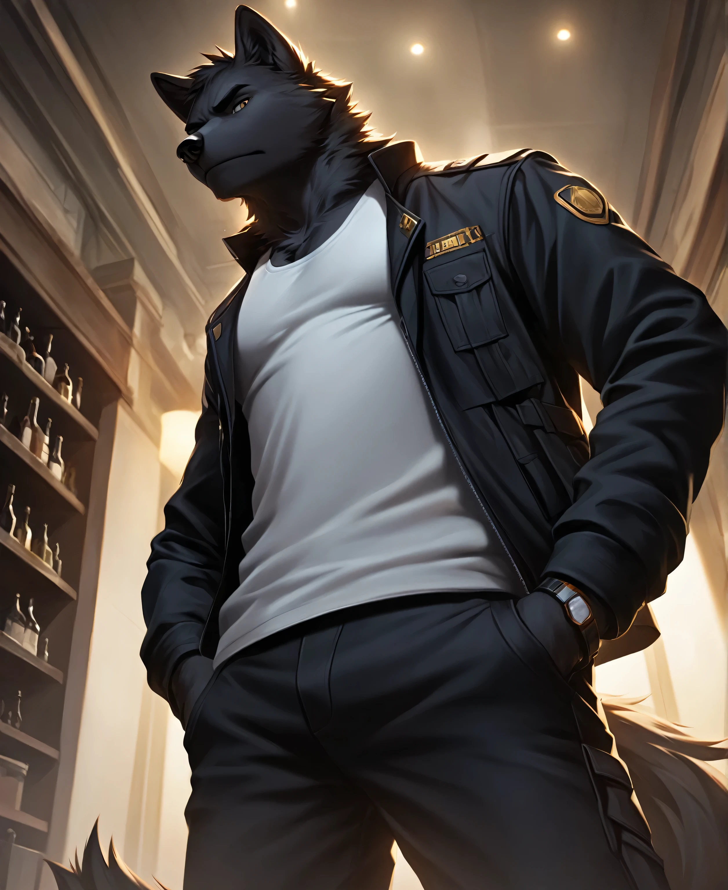 solo,furry,furry male,wolf,adult,black_skin,black fur,wolf ears,wolf tail,muscular,tall,white tank_top,black cropped_jacket,black cargo_pants,contempt,shaded_face,standing,hand_in_pocket,from_below,looking_down,looking_at_viewer,bar \(place\), Golden patterns on the skin,(masterpiece:1.3),(best quality:1.2),(ultra-detailed:1.2),(8k resolution:1.2),highres,original,extremely detailed wallpaper,perfect lighting,(extremely detailed CG:1.2),dynamic composition,realistic rendering,depth of field,digital painting,concept art；