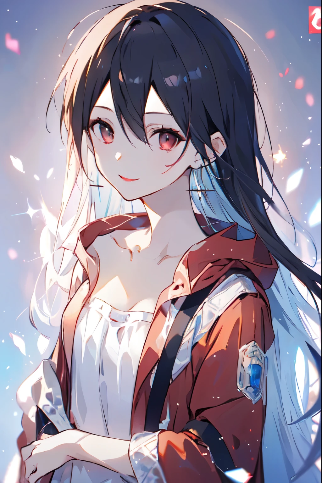 one, Young woman,  red jacket, Red Eyes ,  direct facial treatment ,  long hair length ,  Straight Hair , Straight bangs,  light color and gradient black stripes, Japanese, Long earrings,  insidious smile , 48 years old, Japan sets , Red lipstick，Female Kirito 