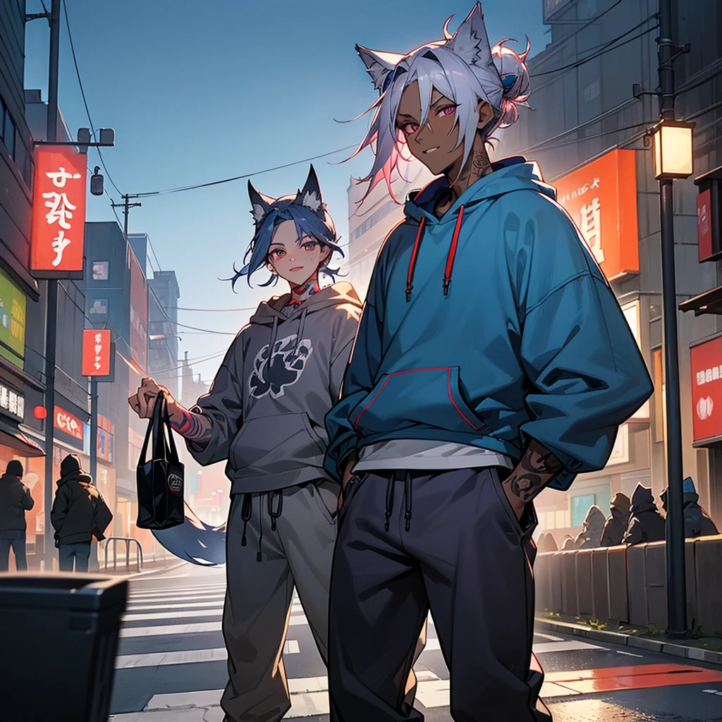 1male,  adult, dark skin, finely detailed plum eyes, messy top bun, wild long hair, grey hair color with blue highlights, designer hoodie, baggy pants, standing on street, night time, tokyo streets, excited expression, muscular, tattoos, holding soda In hand, wolf ears, wolf tail, backwards baseball cap