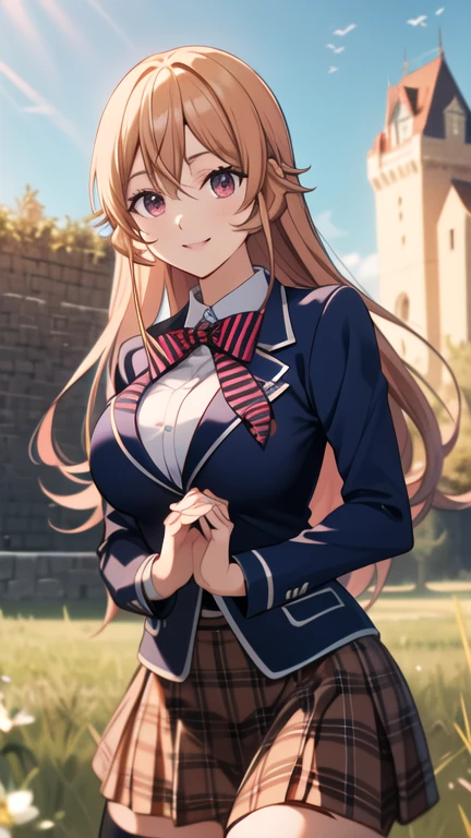 masterpiece, best quality, highres, Nakiri Erina, long hair, red bow, striped bow, blazer, blue jacket, long sleeves, plaid skirt, brown skirt, black thighhighs, outdoors, cowboy shot, big breast, Beyond the grassland are the castle walls, happy attitude, smile,  in a day, ligth over hair.