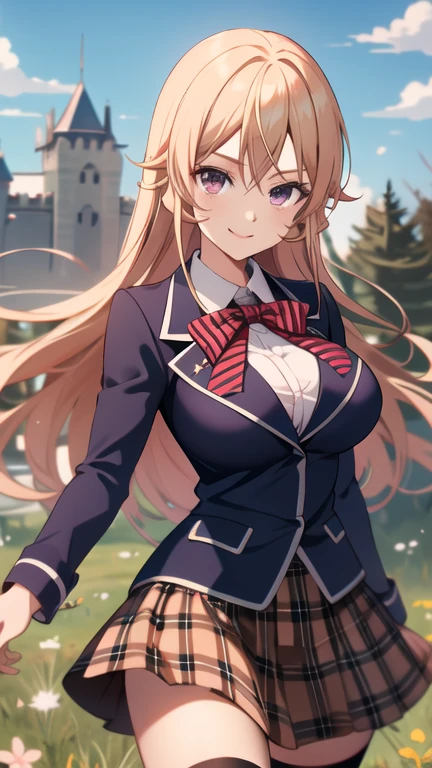 masterpiece, best quality, highres, Nakiri Erina, long hair, red bow, striped bow, blazer, blue jacket, long sleeves, plaid skirt, brown skirt, black thighhighs, outdoors, cowboy shot, big breast, Beyond the grassland are the castle walls, happy attitude, smile,  in a day, ligth over hair.