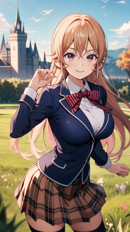 masterpiece, best quality, highres, Nakiri Erina, long hair, red bow, striped bow, blazer, blue jacket, long sleeves, plaid skirt, brown skirt, black thighhighs, outdoors, cowboy shot, big breast, Beyond the grassland are the castle walls, happy attitude, smile,  in a day, ligth over hair.