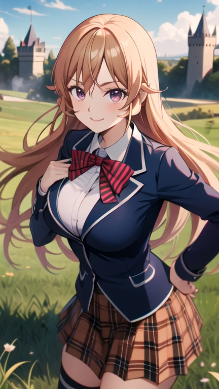 masterpiece, best quality, highres, Nakiri Erina, long hair, red bow, striped bow, blazer, blue jacket, long sleeves, plaid skirt, brown skirt, black thighhighs, outdoors, cowboy shot, big breast, Beyond the grassland are the castle walls, happy attitude, smile,  in a day, ligth over hair.