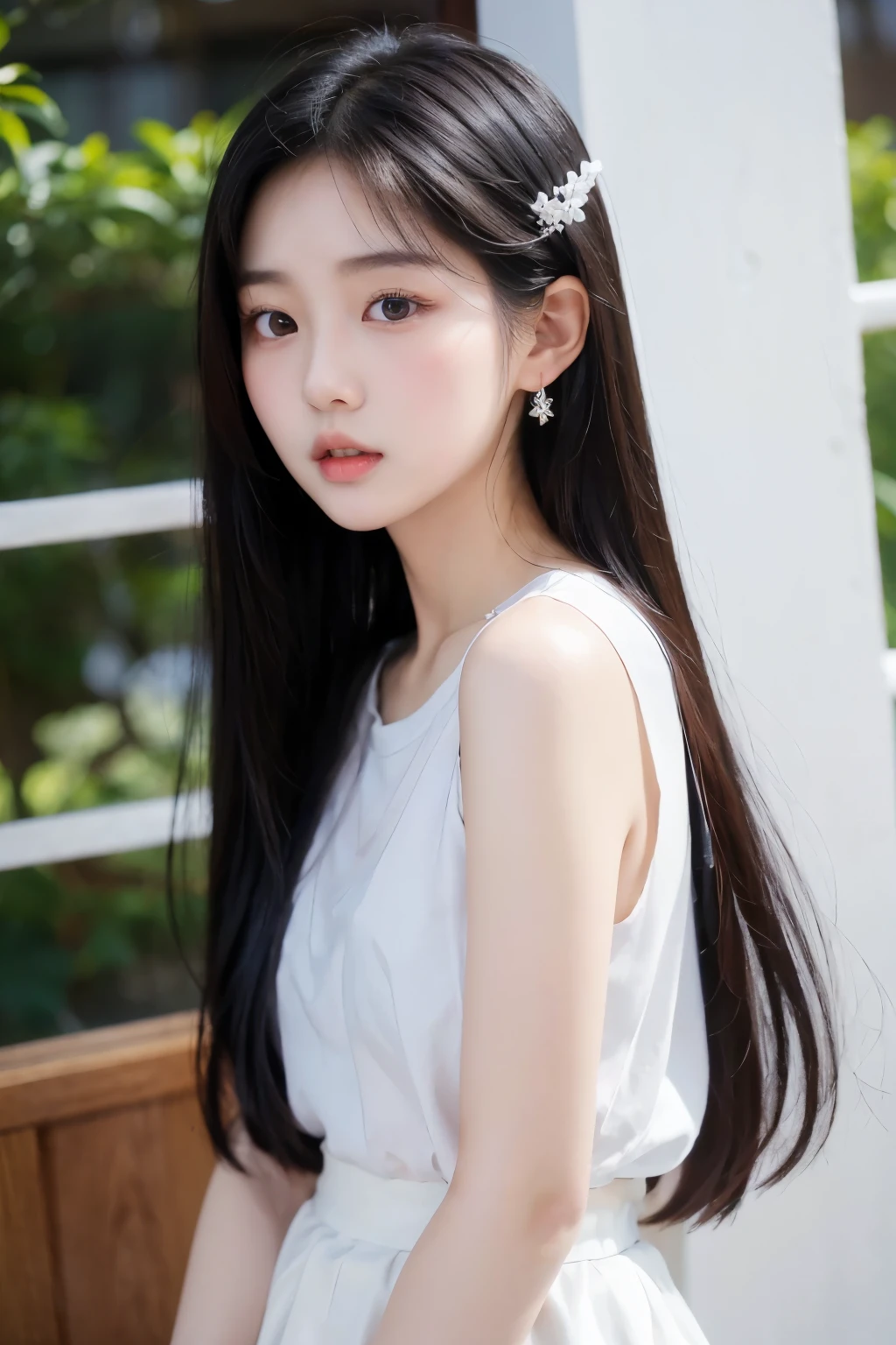 Long black hair and white skirt, Young cute korean face, Soft portrait photos 8k, Beautiful young Korean woman, Beautiful young Korean woman, young and lovely Asian face, Light milky white porcelain skin, cute korean face, Korean female idol avatar, beautiful korean woman, Cute and delicate face, korean girl