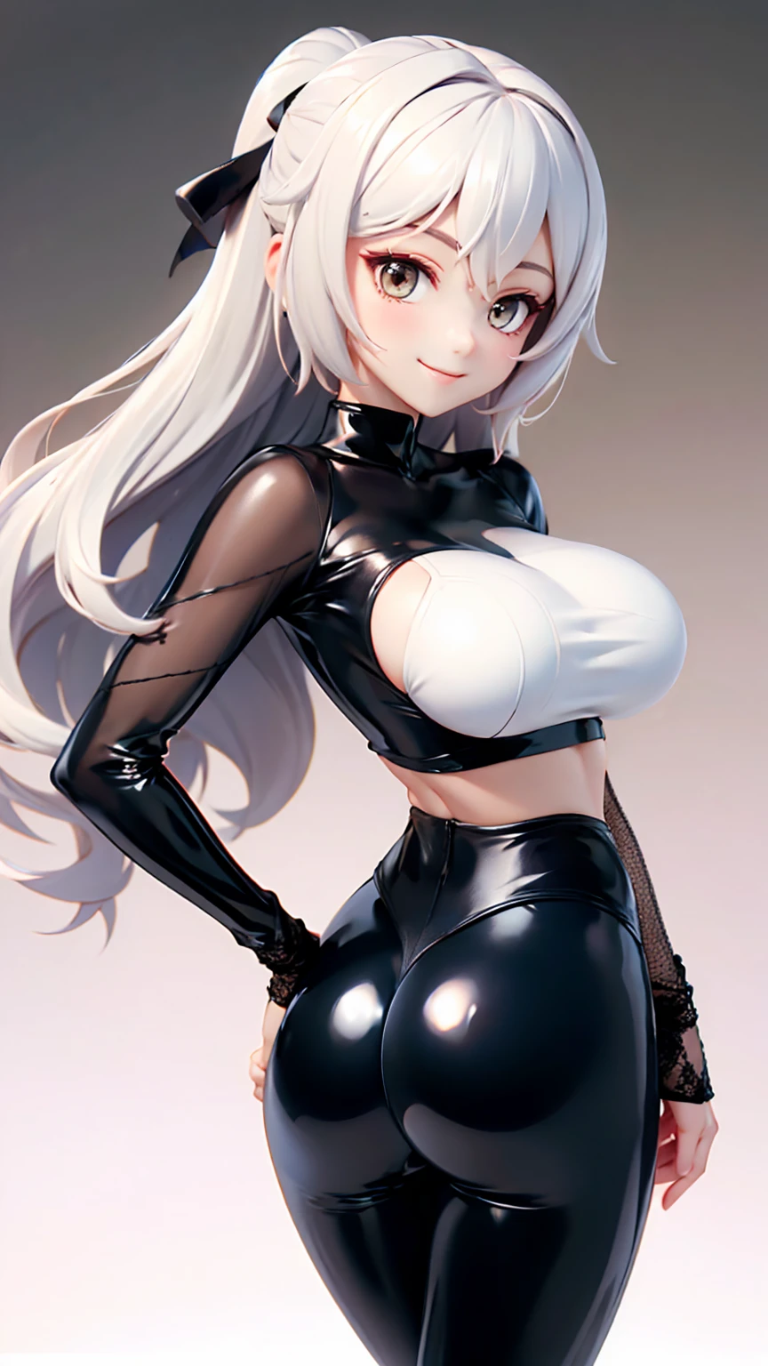 white hair,Bodysuit mesh, leggings latex, sexy posing, perfect ass, perfect breast, without bra, very smile