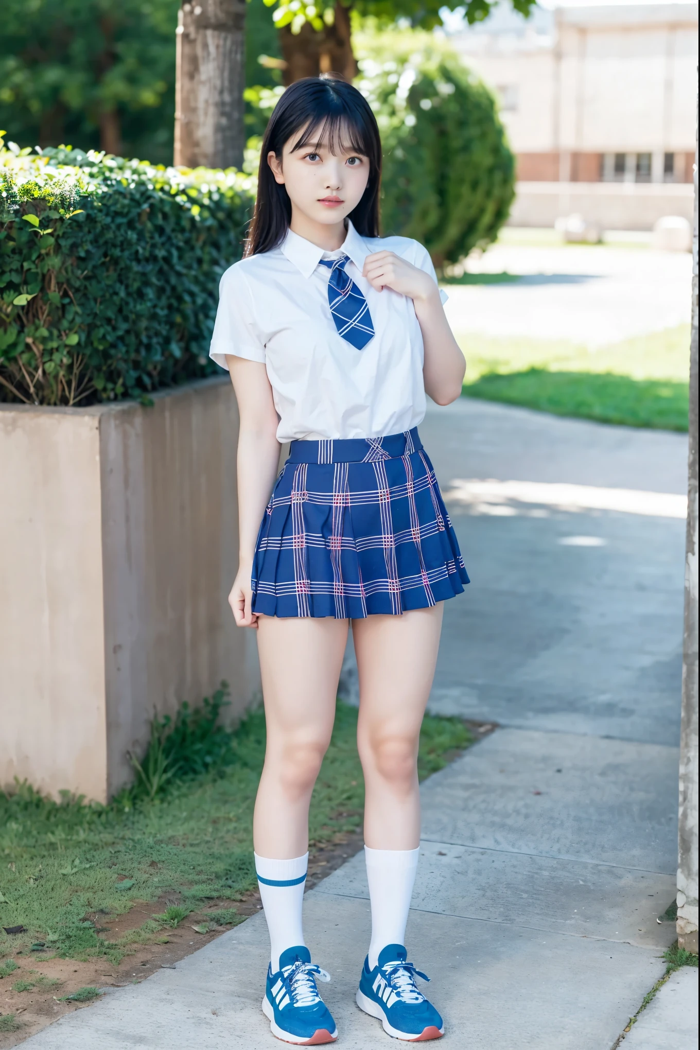 Standing in the schoolyard、High school girls、Summer uniform、Twin tails、Cute Face、miling、Full body portrait