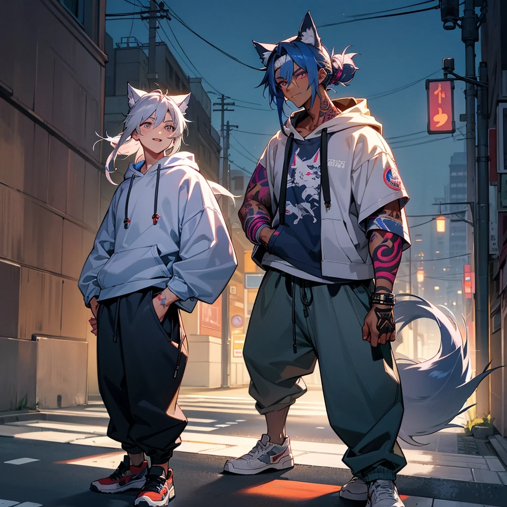 1male,  adult, dark skin, finely detailed plum eyes, messy top bun, wild long hair, grey hair color with blue highlights, designer hoodie, baggy pants, standing on street, night time, tokyo streets, excited expression, muscular, tattoos, holding soda In hand, wolf ears, wolf tail, baseball cap