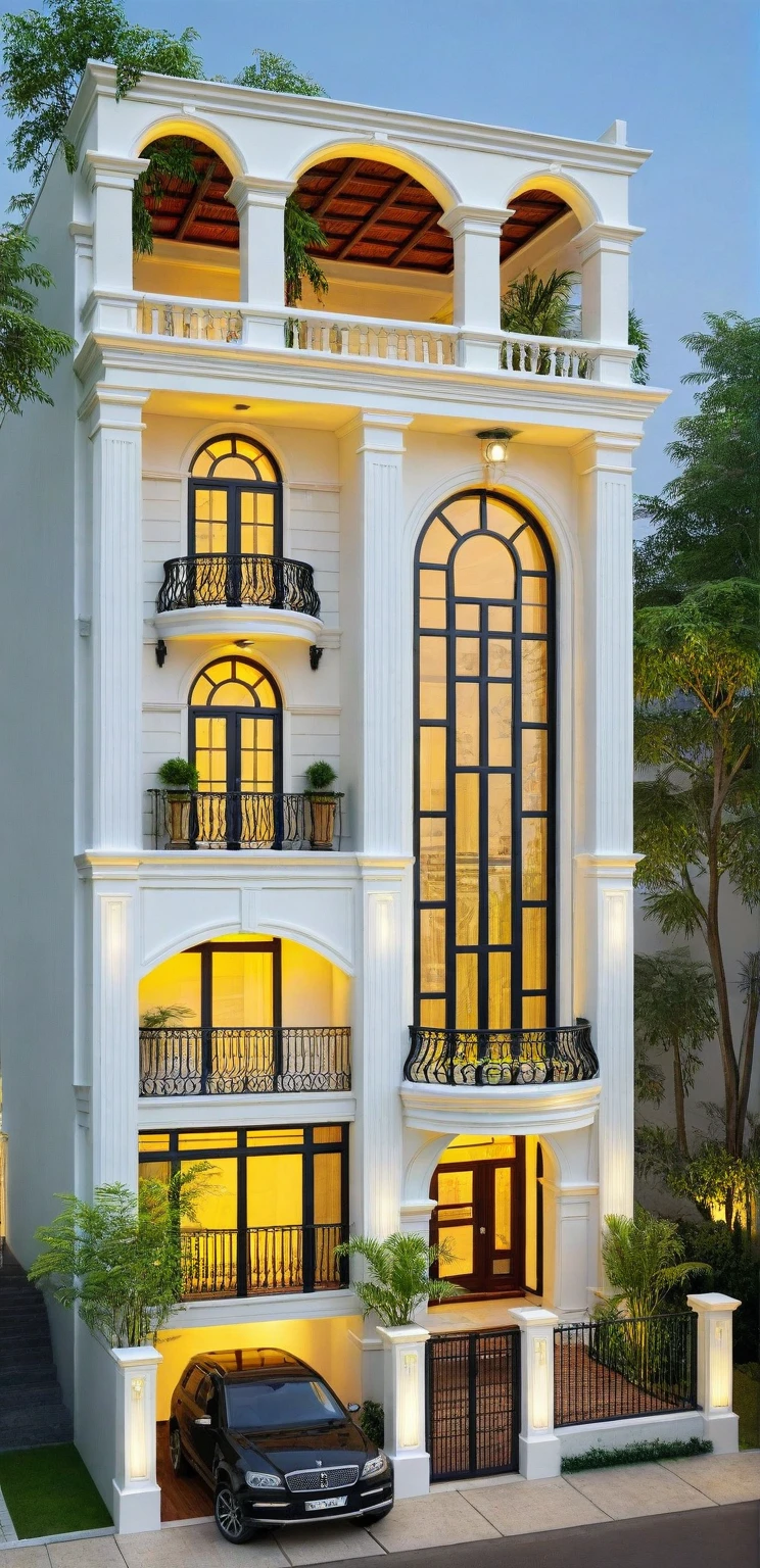 neo classical villa on street, (daylight), tropical tree, vivid colour, streetcapes, white tone, black detail, white wall, large glass door, warm interior lighting, best quality, masterpiece, ultra realistic