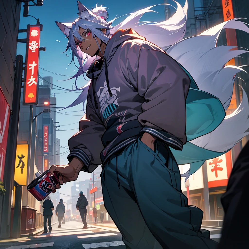 1male, young adult, dark skin, finely detailed plum eyes, messy top bun, wild long hair, grey hair color with blue highlights, designer hoodie, baggy pants, standing on street, night time, tokyo streets, excited expression, muscular, tattoos, holding soda In hand, wolf ears, wolf tail, backwards baseball cap