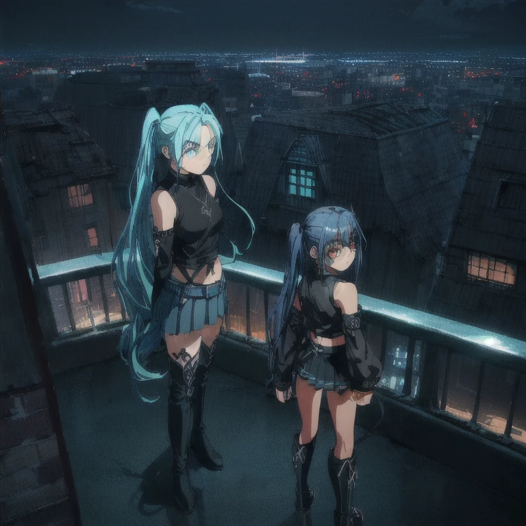 (((2girl))), pov, (masterpiece:1.2), (best quality:1.2), (digital illustration:1.2), intricate details, dramatic scene, rooftop confrontation, nighttime, cityscape background, neon lights, dramatic wind effects, intense atmosphere, face to face, BREAK, twin tails, long aqua hair, aqua eyes, black jacket, detached sleeves, pleated skirt, thigh high boots, confident pose, intense gaze, BREAK, long blue hair, red eye, black eye patch left eye, cropped t-shirt black, light blue denim shorts, black leather belt black bracelet cuff, determined expression, athletic build, urban style 