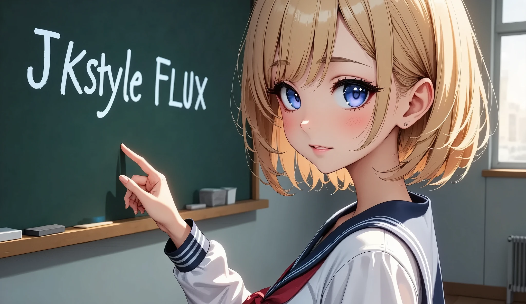 Jubilant school girls ,  sailor suit,  Pose pointing at a blackboard , (((Pose in front of a blackboard ,  chalk text on blackboard in background:"JKstyle FLUX"))),  soft focus , ( High Quality,4K,8k,High Resolution, Masterpiece :1.2),Super detailed, ( real, Photorealistic , photorealism :1.37),Dreamy, Fantasy,  Dramatic Lighting ,  Cinematic Mood ,  Calm Colors ,  Cool Tone , Fascinating landscape,