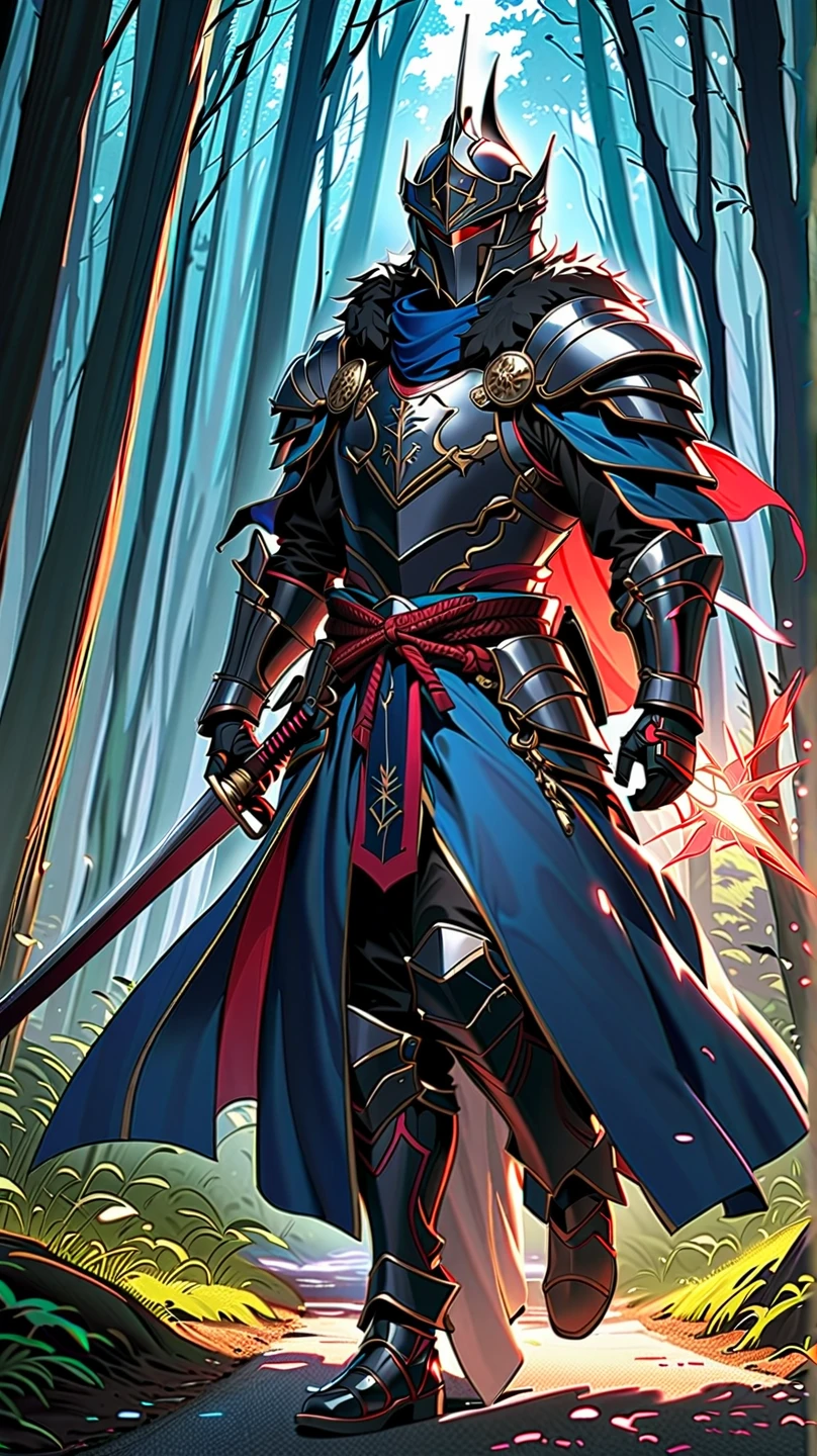 man,  Fairy Slayer , Holy Knight,Wears heavy armor(blue red),helmet,karate,,Fur collar , black fur cape (飄起),  background light in the forest,On the road,Strong wind, Full Body View , man,  Very detailed,  high detail 