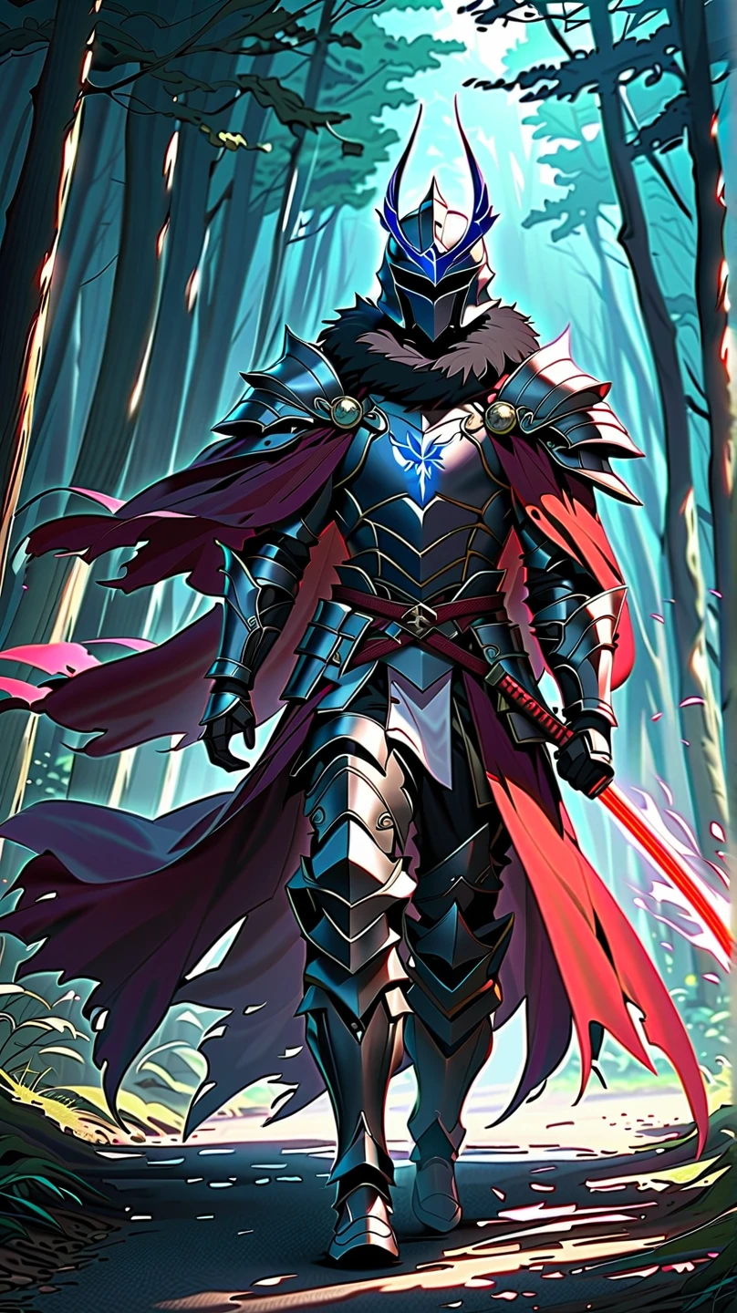 man,  Fairy Slayer , Holy Knight,Wears heavy armor(blue red),helmet,karate,,Fur collar , black fur cape (飄起),  background light in the forest,On the road,Strong wind, Full Body View , man,  Very detailed,  high detail 