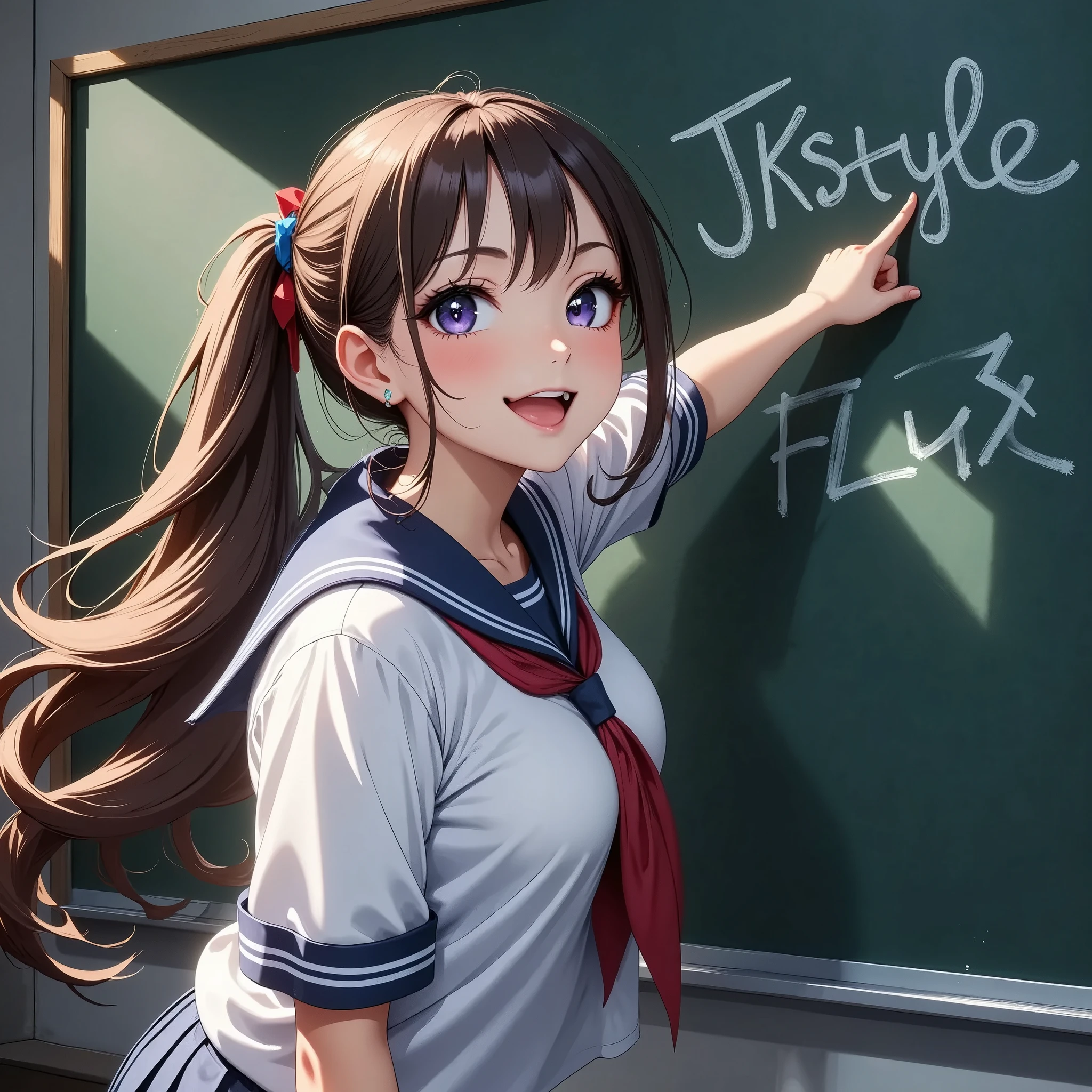 Jubilant school girls ,  sailor suit,  Pose pointing at a blackboard , (((Pose in front of a blackboard ,  chalk text on blackboard in background:"JKstyle FLUX"))),  soft focus , ( High Quality,4K,8k,High Resolution, Masterpiece :1.2),Super detailed, ( real, Photorealistic , photorealism :1.37),Dreamy, Fantasy,  Dramatic Lighting ,  Cinematic Mood ,  Calm Colors ,  Cool Tone , Fascinating landscape,