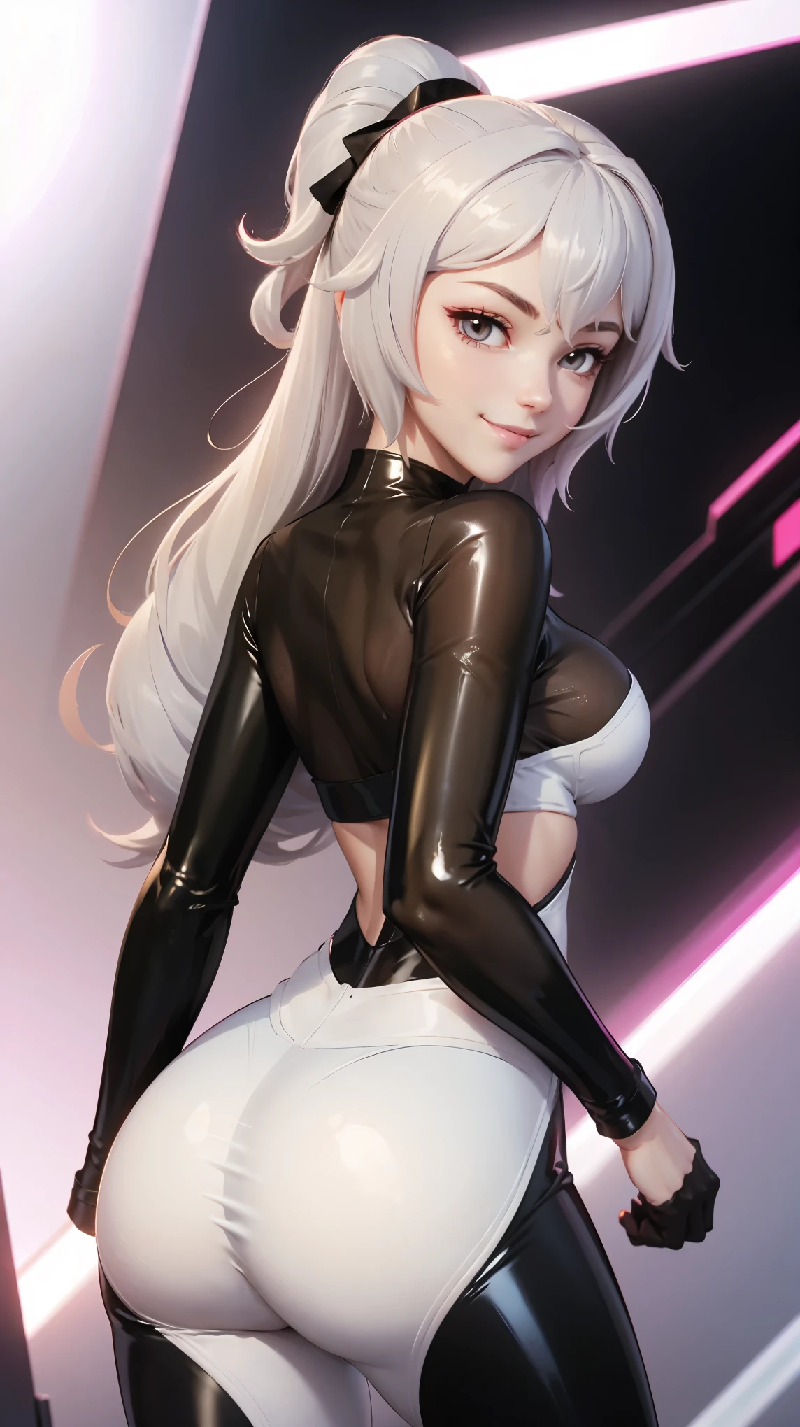 Bronya zaychik ex(honkai impact), white hair,Bodysuit mesh, leggings latex, sexy posing, perfect ass, perfect breast, without bra, very smile