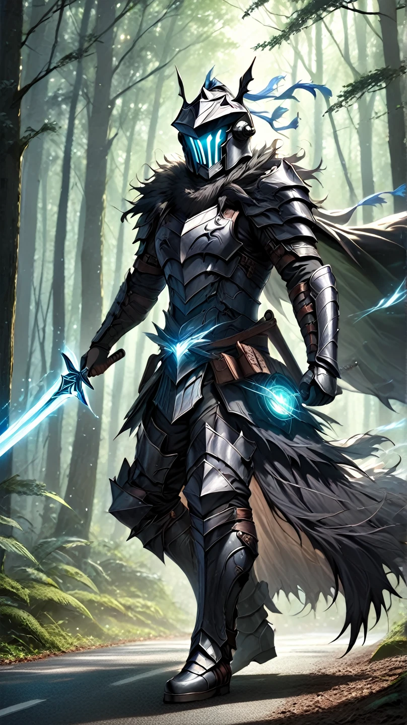 man,  Fairy Slayer , Holy Knight,Wears heavy armor( blue black green ),helmet,karate,,Fur collar , black fur cape (Floating ),  background light in the forest,On the road,Strong wind, Full Body View , man,  Very detailed,  high detail