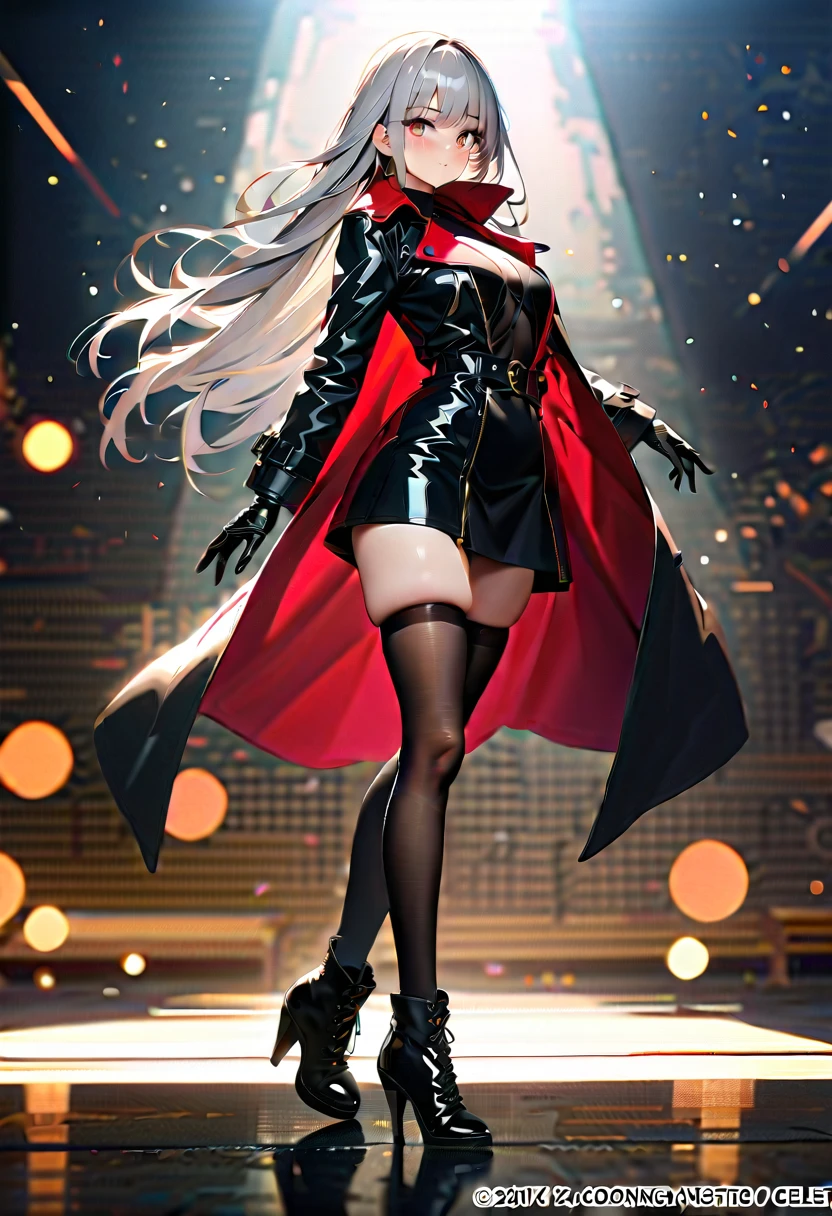 (1 girl, silver hair, long hair, solo, leather gloves, assassin, leather trench coat, heel boots, thigh high stockings, full body, best quality, 4k, 8k, highres, masterpiece:1.2, ultra-detailed, HDR, UHD, studio lighting, ultra-fine painting, sharp focus, physically-based rendering, extreme detail description, professional, vivid colors, bokeh, portrait)