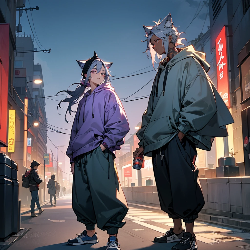 1male, young adult, dark skin, finely detailed plum eyes, messy top bun, wild long hair, grey hair color with blue highlights, designer hoodie, baggy pants, standing on street, night time, tokyo streets, excited expression, muscular, tattoos, holding soda In hand, wolf ears, wolf tail, backwards baseball cap