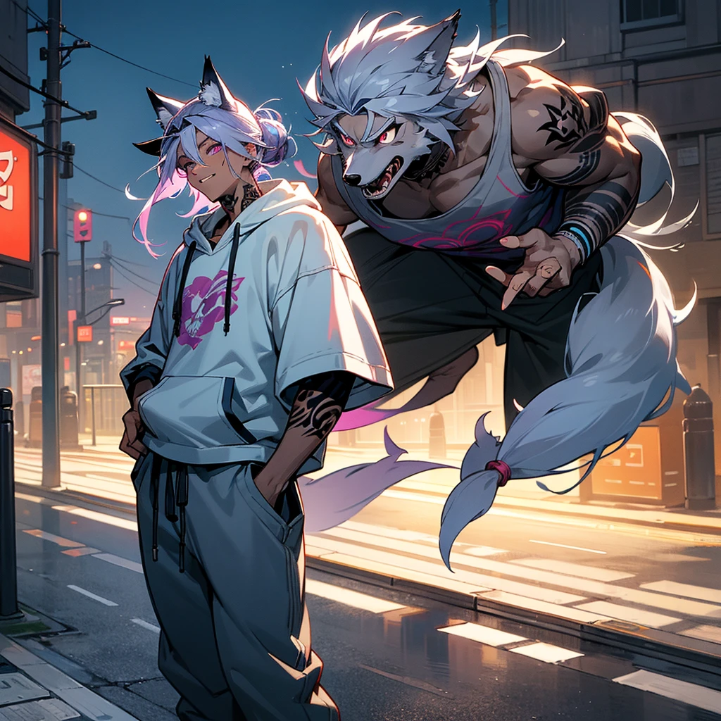 1male,  adult, dark skin, finely detailed plum eyes, messy top bun, wild long hair, grey hair color with blue highlights, designer hoodie, baggy pants, standing on street, night time, tokyo streets, excited expression, muscular, tattoos, holding soda In hand, wolf ears, wolf tail, baseball cap