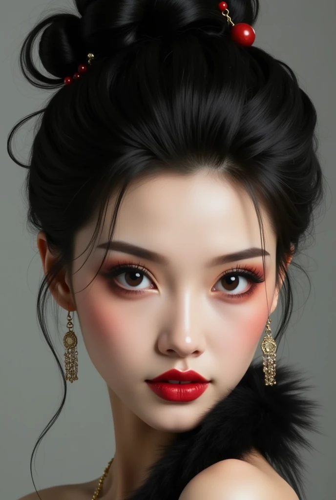 GGGJAAA，make up，red lip，Black Hair，red beauty mole