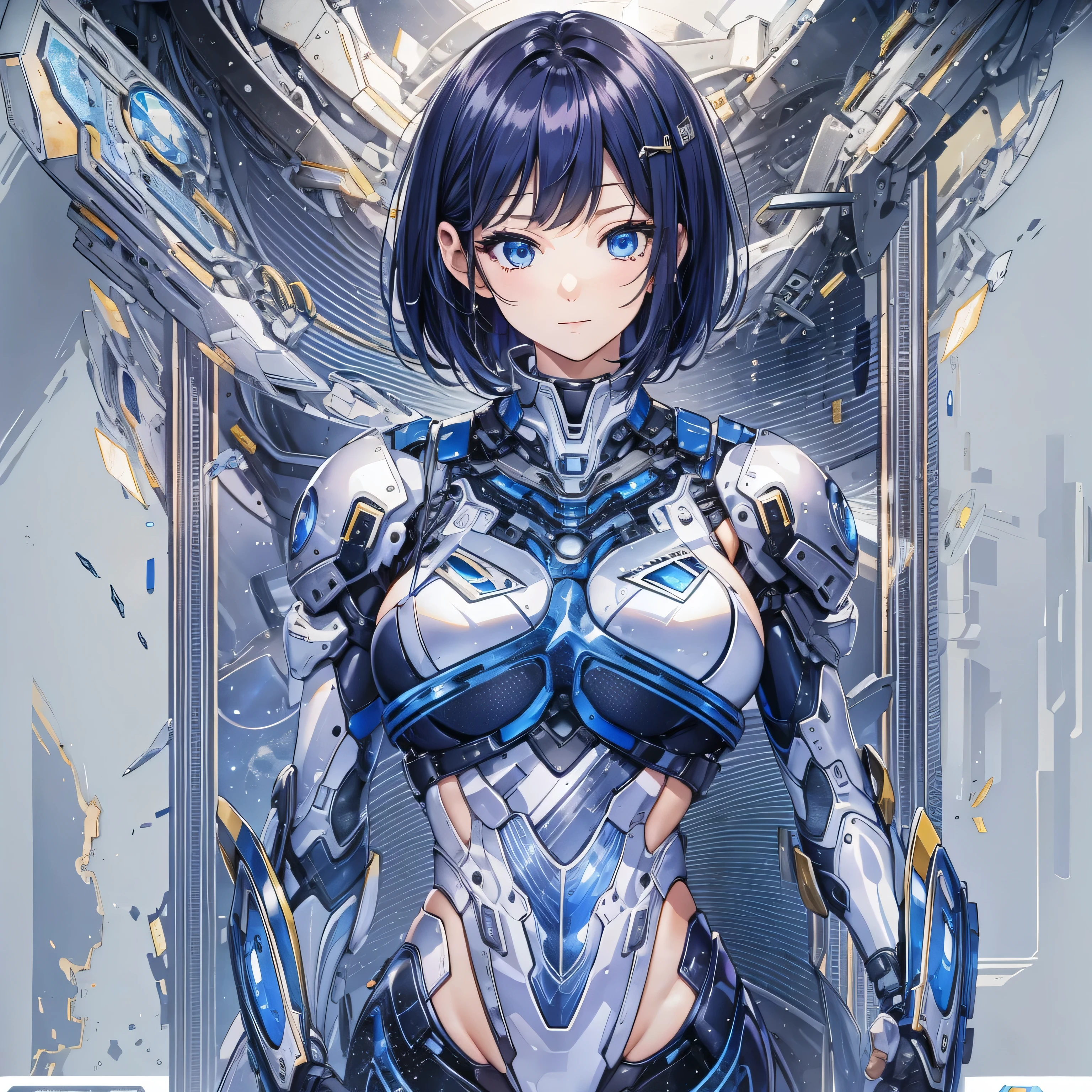 (masterpiece、Best Quality、 highest resolution 、Clear_image、Detailed details): (Whole body、A 20 year old girl、Japanese Faces、 small face、 slender、 dark blue super short bob cut hair、(Hidden small breasts:1.3)、 Sparkling Blue Eyes 、Shiny pilot suit in white, blue and black colors、Chest protection armor、Tight fitting clothes、Clothing that covers the whole body、Glamorous clothes、Tight Fit Pants、Hide your skin、 VERY DELICATE AND BEAUTIFUL 、Detailed Skin、Hide your thighs、Hide your ass、Cute、A gentle smile、Soft expression、heroine、 headset 、 long boots for stepping on bread、Elbow-length gloves、 eye level shot 、Peace talks between warring factions,attention arousal, Clever Blue Eyes,Face directly、 woman on a spaceship )