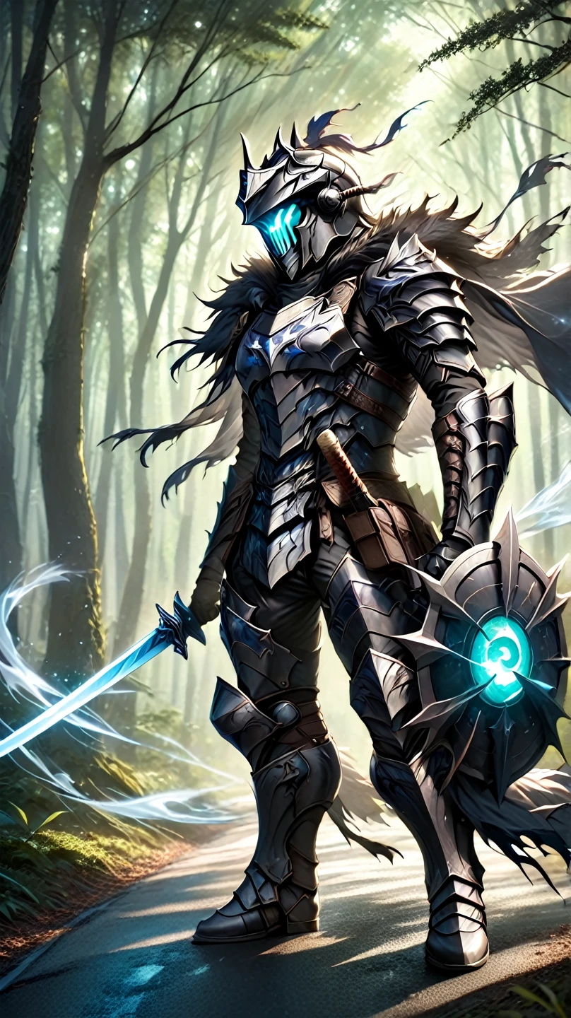 man,  Fairy Slayer , Holy Knight,Wears heavy armor( blue black green ),helmet,karate,,Fur collar , black fur cape (Floating ),  background light in the forest,On the road,Strong wind, Full Body View , man,  Very detailed,  high detail 