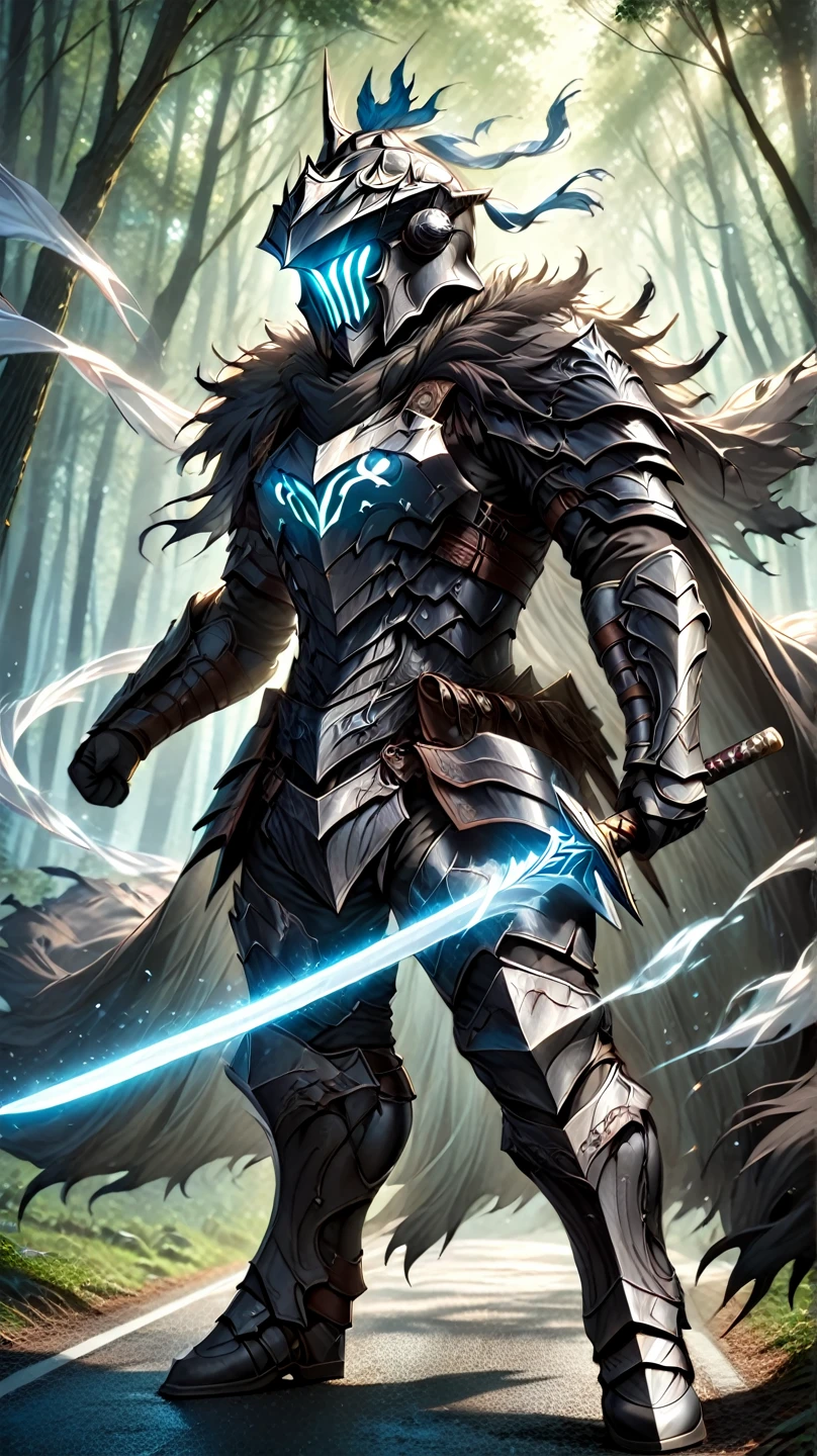 man,  Fairy Slayer , Holy Knight,Wears heavy armor( blue black green ),helmet,karate,,Fur collar , black fur cape (Floating ),  background light in the forest,On the road,Strong wind, Full Body View , man,  Very detailed,  high detail 