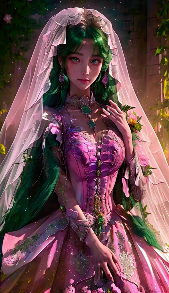 (masterpiece,  best quality , Beautiful and beautiful :1.3), whole body, portrait，Take a look back at ,  Looking at Audience ,  1 girl , alone, Smile , (cosmetic, long hair,  Dark Green Dyed Pink Blue Flowing Long Hair, Amber Pupil Eyes :1. 2 Eyes Bright Clear ), Ruan Yi 0256,  wedding veil ,  Dress with lace trim , translucent, wedding dress, outdoor, White Rose, Colorful Colors Garden , morning, Standing, extremely detailed, Looking up at the camera, wide angle, wide angle, concept art,  Expressionism, 