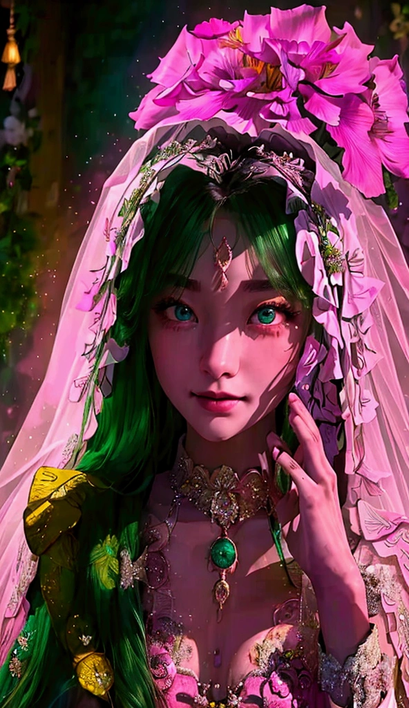 (masterpiece,  best quality , Beautiful and beautiful :1.3), whole body, portrait，Take a look back at ,  Looking at Audience ,  1 girl , alone, Smile , (cosmetic, long hair,  Dark Green Dyed Pink Blue Flowing Long Hair, Amber Pupil Eyes :1. 2 Eyes Bright Clear ), Ruan Yi 0256,  wedding veil ,  Dress with lace trim , translucent, wedding dress, outdoor, White Rose, Colorful Colors Garden , morning, Standing, extremely detailed, Looking up at the camera, wide angle, wide angle, concept art,  Expressionism, 