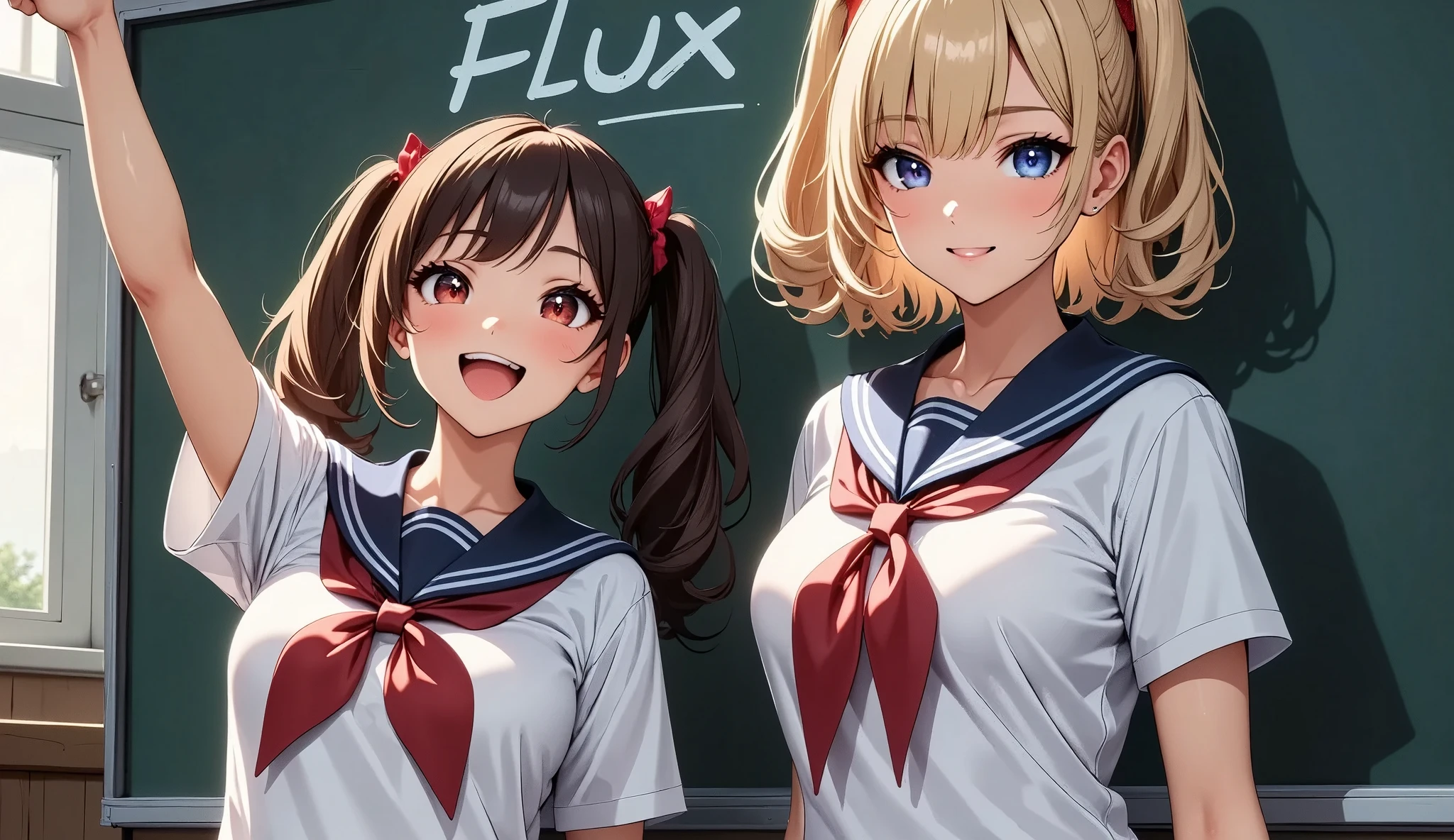 Jubilant school girls ,  sailor suit,  Pose pointing at a blackboard , (((Pose in front of a blackboard ,  chalk text on blackboard in background:"JKstyle FLUX"))),  soft focus , ( High Quality,4K,8k,High Resolution, Masterpiece :1.2),Super detailed, ( real, Photorealistic , photorealism :1.37),Dreamy, Fantasy,  Dramatic Lighting ,  Cinematic Mood ,  Calm Colors ,  Cool Tone , Fascinating landscape,